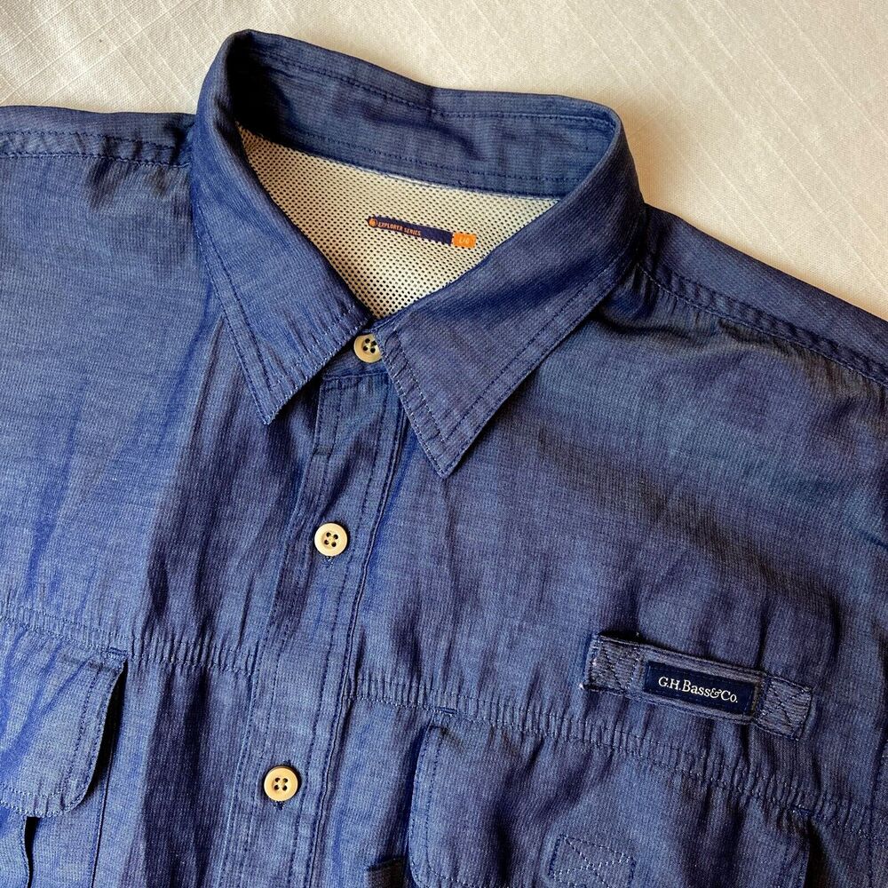 G H Bass Fishing Shirt Sz L Blue Rod Holder Utility Pockets Short Sleeve Vented